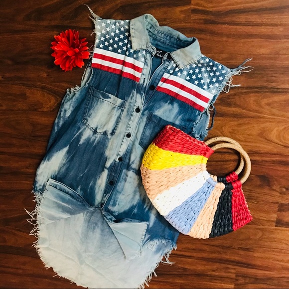 Thrill Tops - 🔥Distressed Denim Patriot High-Low Casual Fun Shirt